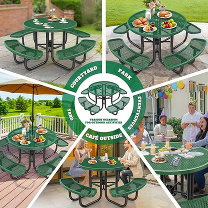 47'' Heavy-Duty Metal Picnic Tables with Umbrella Hole, Outdoor Steel Heavy Duty Commercial Grade Black Table, Outdoor Bench Set for Lawn, Patio, Park, Yard, Garden, Porch (Set B, Round)