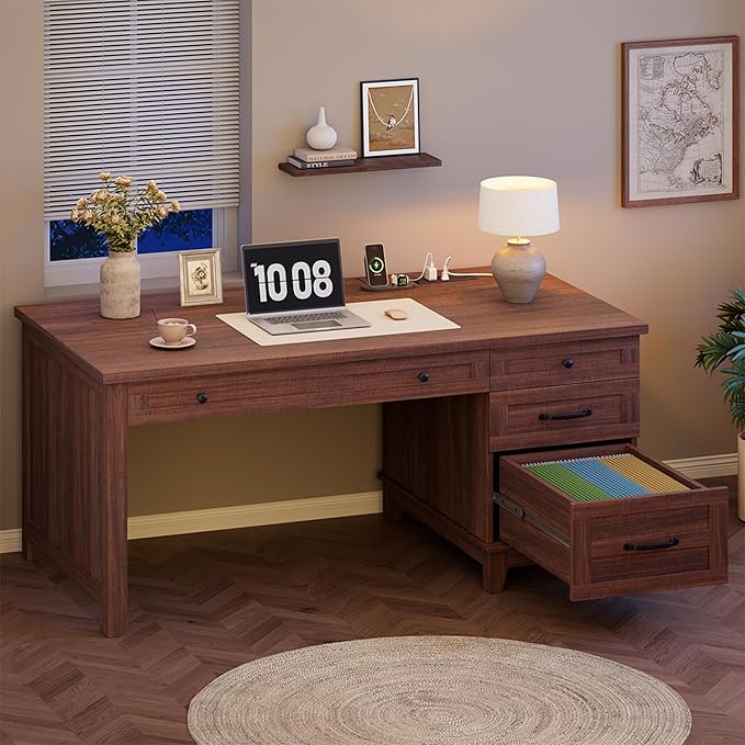 GarveeHome Executive Desk with Drawers, Farmhouse Home Office Desk with Charging Station, 53.54 in Wooden Computer Desk with File Cabinet Storage for Work Study Writing,Walunt Brown
