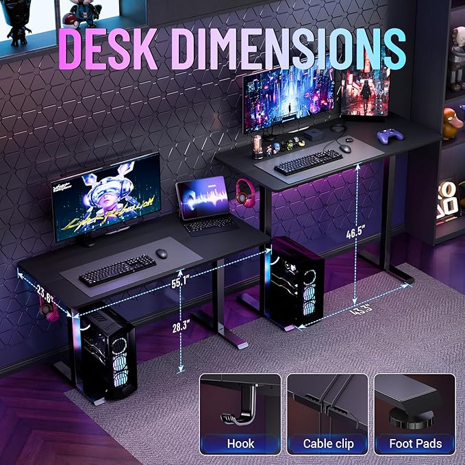 Veken 55 Inch Large Electric Standing Gaming Desk, Heights Adjustable,Sit to Stand Up, Work Home Office Computer Table for Study, Walking Pad, Writing, and Games, Wooden Desktop Desks, Black