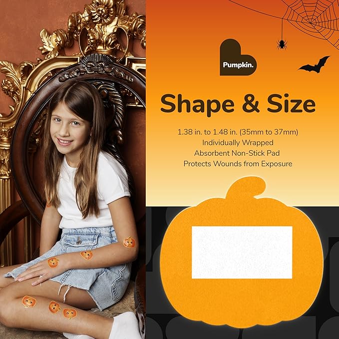 BioSwiss Kids Bandages, Halloween Pumpkin Shaped Self Adhesive Bandage Set, Latex Free, Sterile Wound Care, 50 Count