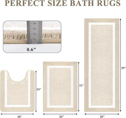 Pauwer Bathroom Rugs Sets 3 Piece Bathroom Shower Rugs with U-Shaped Contour Toilet Mat Absorbent Microfiber Plush Bath Mats Non Slip Bath Rugs Machine Washable Shaggy Bath Floor Mats, Light Beige