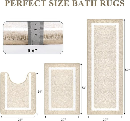 Pauwer Bathroom Rugs Sets 3 Piece Bathroom Shower Rugs with U-Shaped Contour Toilet Mat Absorbent Microfiber Plush Bath Mats Non Slip Bath Rugs Machine Washable Shaggy Bath Floor Mats, Light Beige
