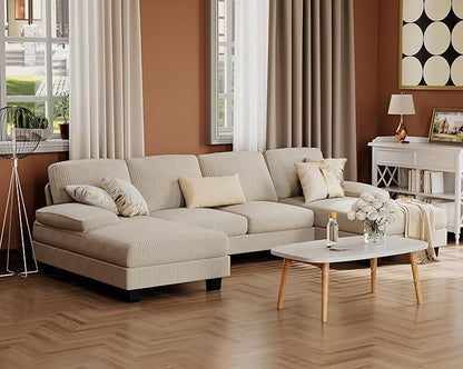 Furmax Sectional Couches for Living Room, U-Shaped Sofa Couch with Linen Fabric, 4 Seat Sofa Set with Double Chaise for Apartment (Corduroy, Beige)