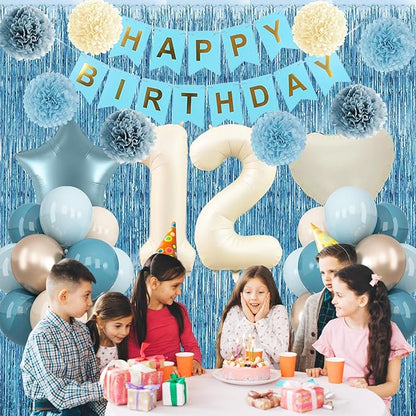 Dusty Blue 12th Birthday Party Decorations Boys Girls Beige Cream Number 12 Balloon with Blue Gold Happy Birthday Banner Fringe Curtain Paper Pom Poms Nude White Sand Champagne Star Foil Balloons