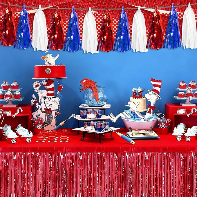 3P White Blue Red Tassel Banner Garland Metallic Foil Fringe Banner Tinsel Streamer Banner Backdrop for Parade Floats Graduation, Independence Day, 4th of july, Patriotic Themed Party Decoration