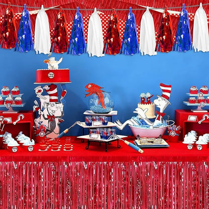 3P White Blue Red Tassel Banner Garland Metallic Foil Fringe Banner Tinsel Streamer Banner Backdrop for Parade Floats Graduation, Independence Day, 4th of july, Patriotic Themed Party Decoration
