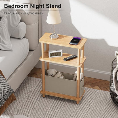 Apicizon Small Narrow Side Table, 3-Tier Skinny End Table for Small Spaces, Slim Nightstand with Fabric Basket, Bedside Table for Living Room, Bedroom, Natural