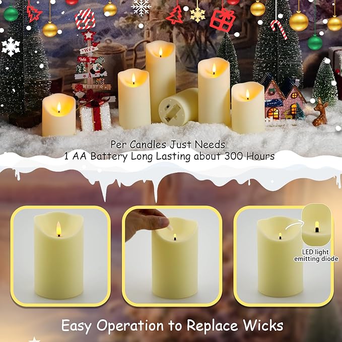 Flameless Candles with Remote, Battery Operated Flickering Flameless Candles, LED Candles with Timer 2/4/6/8H, with Realistic LED Candles Set of 9 (D3 x H 3" 4" 5" 6" 7") (Ivory)