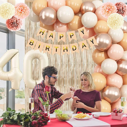 Beige 40th Birthday Decorations for Women Cream Number 40 Balloon Nude Gold Happy Birthday Banner Fringe Curtain Paper Pom Poms Blush White Sand Champagne Star Foil Balloons Neutral Boho Party Decor