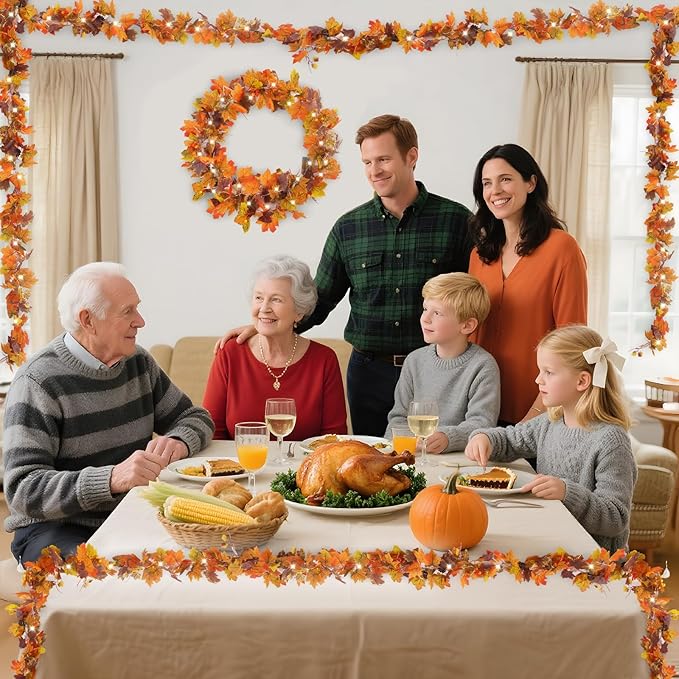 6FT Fall Decor, Fall Garland with Lights for Mantle, Fall Decorations for Home, Realistic Fall Leaves Garland with Pine Berries Cone for Outdoor Indoor Porch Table Fireplace Thanksgiving Decorations