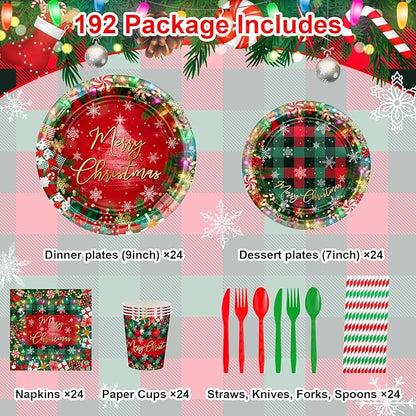 Avezano 192 Pcs Christmas Paper Plates and Napkins Merry Chirstmas Party Tableware Decorations Plaid Christmas Tree Disposable Dinnerware Set Serve 24 (Red)
