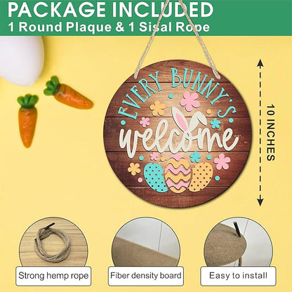10" Easter Round Wooden Hanging Sign With Sisal Rope - Every Bunny Welcome Wooden Plaque For Front Door, Porch, Outdoor Indoor, Farmhouse Wall Decor Party Favor & Decorations - B06