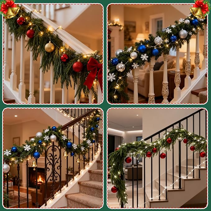 2 PCS-9FT Artificial Norfolk Pine Garlands - Real Touch Winter Pine Garland, Green Artificial Greenery Garland for Table, Mantle, Wall, Indoor, Outdoor Christmas Decorations