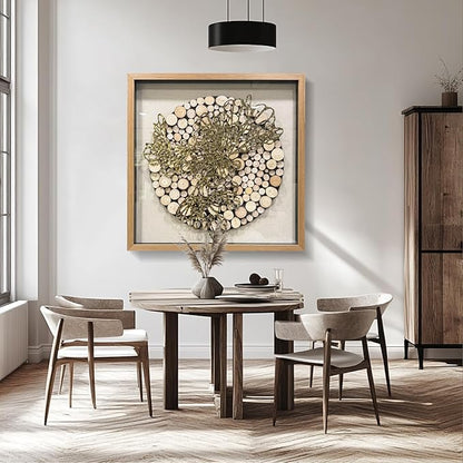 BrightA 3D Textured Wood Block Wall Art - Hand-Assembled Timber Base with Golden Vine Metal Accents, Tempered Glass & Solid Wood Frame Contemporary Decorfor Living Room Office 31.5"x31.5"