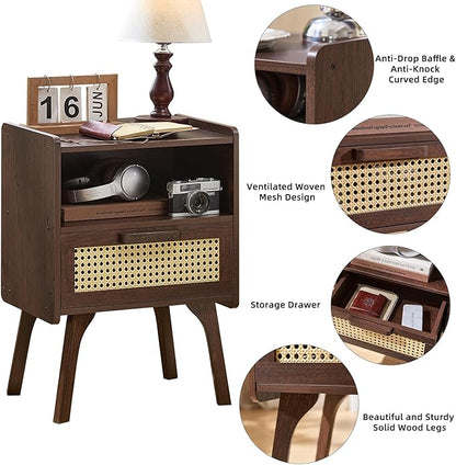 Lerliuo Rattan Nightstand, Bedside Table with Drawer Open Shelf, Cane Accent Side End Table with Solid Wood Legs, Walnut Vintage Night Stand for Bedroom, Dorm and Small Spaces