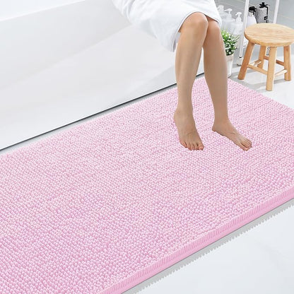Smiry Luxury Chenille Bathroom Rugs 59x35, Extra Soft and Absorbent Shaggy Bath Mat, Machine Washable, Non-Slip Plush Carpet Runner for Tub, Shower, and Floor, Home Decor Accessories, Pink