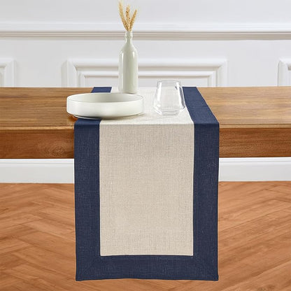 Solino Home Linen Table Runner 108 Inches Long - Navy and Natural 100% Pure Linen 14 x 108 Inch Table Runner for Dining, Fall, Autumn, Winter - Contempo