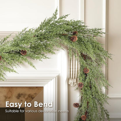 WBHome 2pcs Real Touch Cypress Cedar & Pine Cone Evergreen Garland for Christmas Holiday Seasonal Outdoor/Indoor Home Decor, 9FT Long