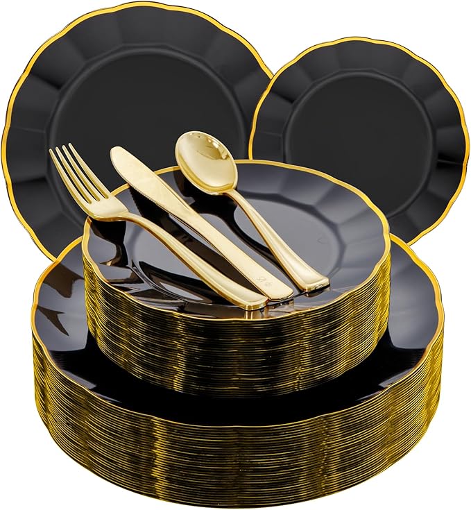 EI 150pcs Black Plastic Plates,Black and Gold Fancy Plate,Gold Plastic Silverware,Black and Gold Dinnerware Set,Premiun Heavy Duty Taleware,Perfect for Party,Wedding,Christmas,New Year