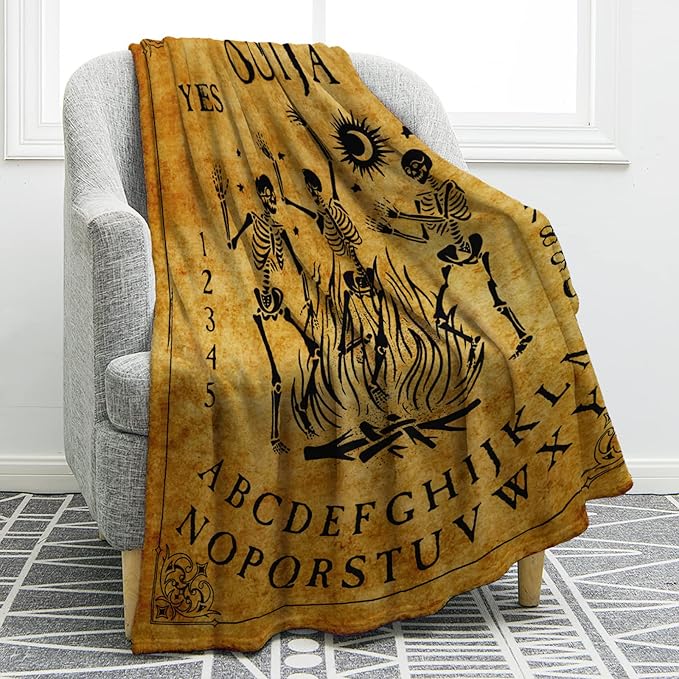 Jekeno Ouija Board Blanket Skeleton Skull Print Gifts for Men Kids Boys Home Bedroom Living Room Decor Soft Cozy Lightweight Throw Blankets Vintage Retro Yellow 60"x80"