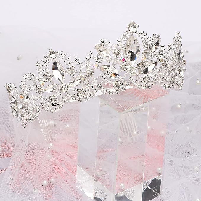 Silver Tiara and Crowns for Women Rhinestone Queen Tiara for Girls Princess Crown with Comb Birthday Headbands Hair Accessories for Wedding Prom Bridal Party Halloween Costume Gift