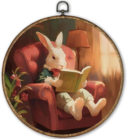 TLESKE Bunny Rabbit Reading Corner Nook Round Wall Art Decor Framed 10x10, Easter Bunny Canvas Wall Art Prints Artwork, Rabbit Wall Hanging Room Door Decorations Decor for Bedroom Reading Room