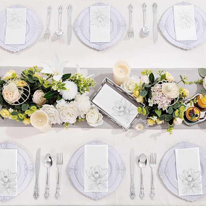 50 Pack Silver Magnolia Napkins - Silver Floral Disposable Napkins - Cloth-Like Feel Dinner Paper - Retro Heavy Duty Hand Towels for Bathroom Wedding Holiday Party Bridal Decorative Towels