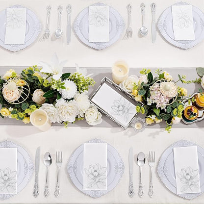 50 Pack Silver Magnolia Napkins - Silver Floral Disposable Napkins - Cloth-Like Feel Dinner Paper - Retro Heavy Duty Hand Towels for Bathroom Wedding Holiday Party Bridal Decorative Towels