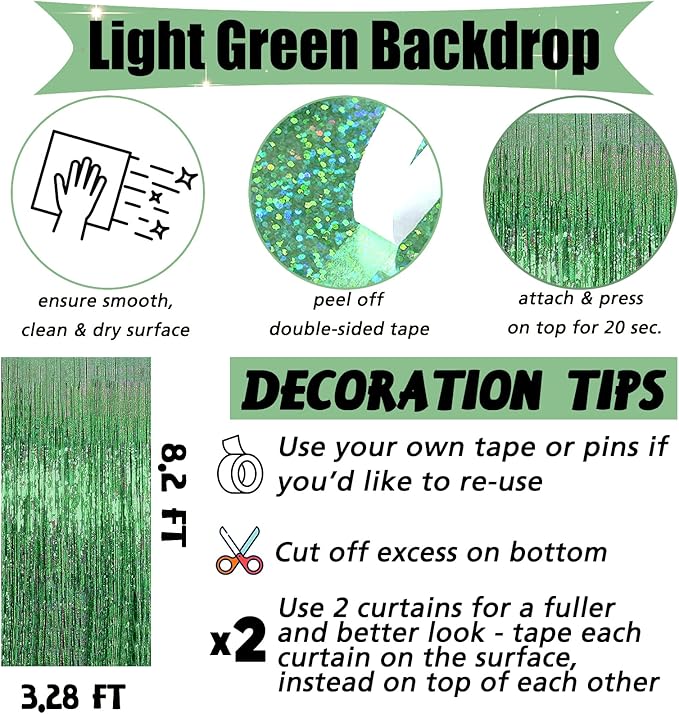 4 Pack Light Green Fringe Curtain Backdrop, 3.2Ft x 8.2Ft Sparkle Metallic Tinsel Foil Fringe Streamers Background for Photo Booth Birthday Wedding Baby Shower Party Thanksgiving Christmas Decorations