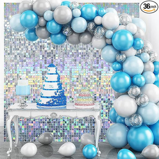 Iridescent Silver Shimmer Wall Backdrop,Shiny Sequins,36 Pcs Sequins Backdrop Decoration Panels,Photo Background Decorations for Birthday Party Wedding Engagement Anniversary Graduation Baby Shower