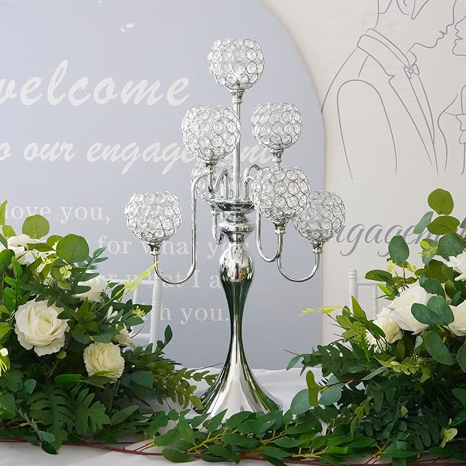 LANLONG Silver Candle Holders for Table Centerpiece 7 Arms Tall Crystal Candelabra Home Wedding Decor Christmas Decorations Centerpieces for Dinner Party Events