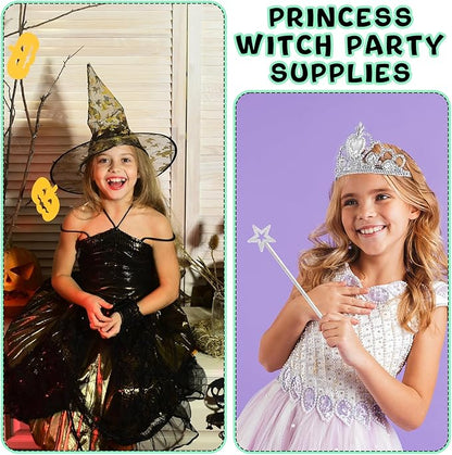 18 Pcs Halloween Witch Hats Glitter Star Wands Princess Crowns Set Black Wizard Hats Sparkling Princess Accessories for Adults Witch Halloween Cosplay Party Supplies Pink Green Party Decor Photo Props