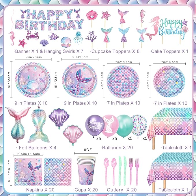 Mermaid Birthday Decorations Include Plates, Napkins, Cups, Cutlery, Hanging Swirls, Banner, Cake & Cupcake Toppers, Balloons, Tablecloth for Mermaid Party Decorations, Serve 20