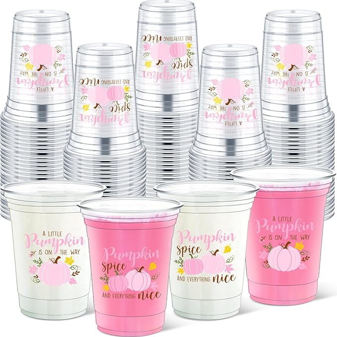 Meanplan 50 Pcs 12oz Thanksgiving Baby Shower Party Plastic Cups A Little Pumpkin is On The Way Disposable Clear Cups for Fall Autumn Baby Shower Gender Reveal Supplies Decorations(Pink)