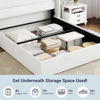 Allewie Full Size Velvet Lift Up Storage Bed, Modern Wingback Headboard, Hydraulic Support, No Box Spring Needed, White