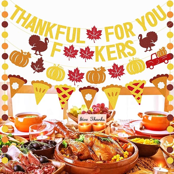 Thankful for You Banner Glitter Friendsgiving Decorations, Happy Thanksgiving Banner Funny Friendsgiving Thanksgiving Party Decorations
