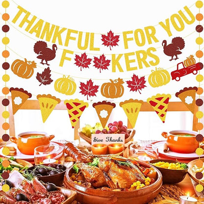 Thankful for You Banner Glitter Friendsgiving Decorations, Happy Thanksgiving Banner Funny Friendsgiving Thanksgiving Party Decorations