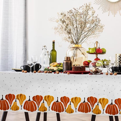 Thanksgiving Tablecloth, 2-Pack Disposable Table Cloths, Pumpkins Plastic Table Covers, 54 x 108 Inches, Thanksgiving Party Decorations