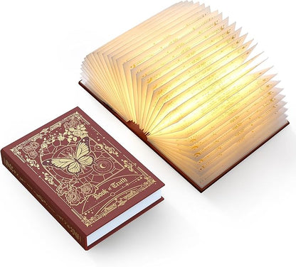 Magic Truth Book Light - Rechargeable LED Book Lamp for Home Decor, Ideal Christmas & Bookworm Gifts with Gold Foil Embossed Cover, Warm White Light for Entertainment & Relaxation (Red)