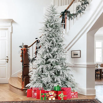 GOFLAME 8FT Pre-lit Artificial Christmas Tree, Snow Flocked Hinged Xmas Tree with 450 Warm White LED Lights, 1108 Branch Tips and Folding Metal Stand, Holiday Decoration Tree for Home Party
