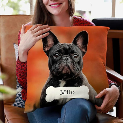 Custom Pet Photo Pillow Cover 16x16 Inch – Personalized Dog or Cat Pillow with Name in Bone Shape, Pet Picture Cushion, Custom Throw Pillowcase, Gift for Dog Lovers, Pet Owners, Animal Lovers