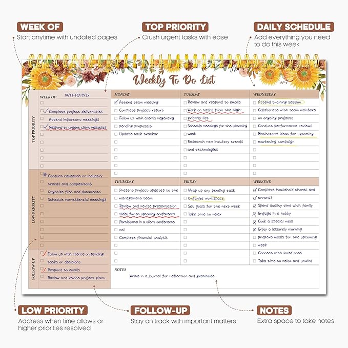 Taja Weekly To Do List Notepad with 52 Undated Sheets（8.5"×11"）- Weekly Desk Planner for Women & Man, Work and Home - 1 Pack Golden Sunflower