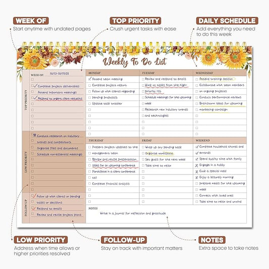 Taja Weekly To Do List Notepad with 52 Undated Sheets（8.5"×11"）- Weekly Desk Planner for Women & Man, Work and Home - 1 Pack Golden Sunflower