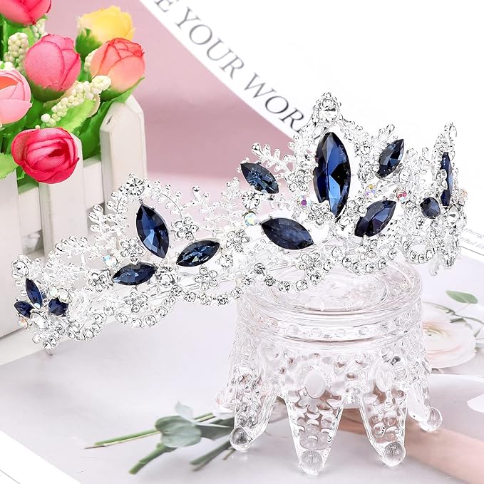 Silver Tiara for Women Sapphire Crown for Girls Wedding Princess Birthday Crystal Rhinestones Headbands for Prom Bridal Party Halloween Costume Christmas Gift