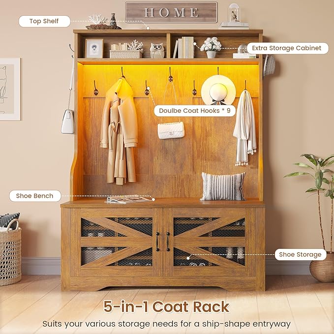 Itaar Hall Tree with Bench and Shoe Storage, 5-in-1 Entryway Bench with Coat Rack, 10 Shoe Cubbies & 9 Coat Hooks, Barn Door & Adjustable Shelf (Rustic Brown)