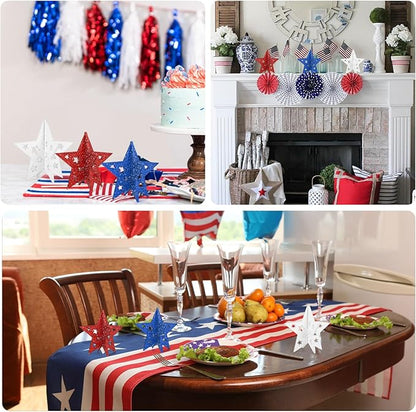 COCHIE 6 Inch Labor Day Decorations Wooden Stars Set, 3D Glitter Star Memorial Day Tiered Tray Decor, 4th of July Red White Blue Patriotic Decoration for Home Table Desk Door Shelf (Cutout, Set of 3)