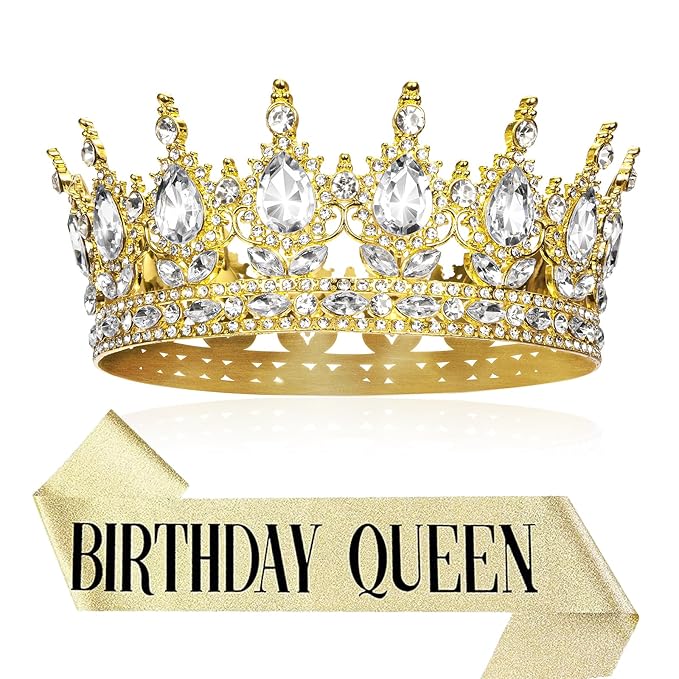 Onedor Gold Queen Crown and Birthday Sash for Women, Crystal Tiara Headband with Rhinestones for Birthday Party, Wedding, Prom Accessories, Cake Topper