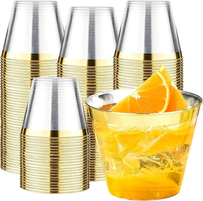 RACETOP 100 Pack 9 oz Gold Plastic Cups Tumbler, Disposable Cups with Gold Rim for Party, Heavy-duty Clear Plastic Wine Glasses, Disposable Wedding Cups