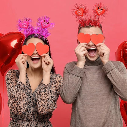 6 Pcs Valentine's Heart Headbands with Heart Boppers and Tinsel Headdresses Red Pink Happy Valentine Headdresses for Women Costume Party Gift Love