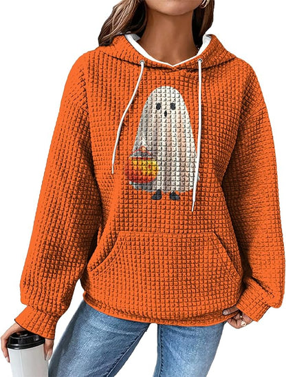 Halloween Sweatshirts for Women Novelty Graphic Drawstring Waffle Hoodies Loose Casual Pullover Tops with Pocket
